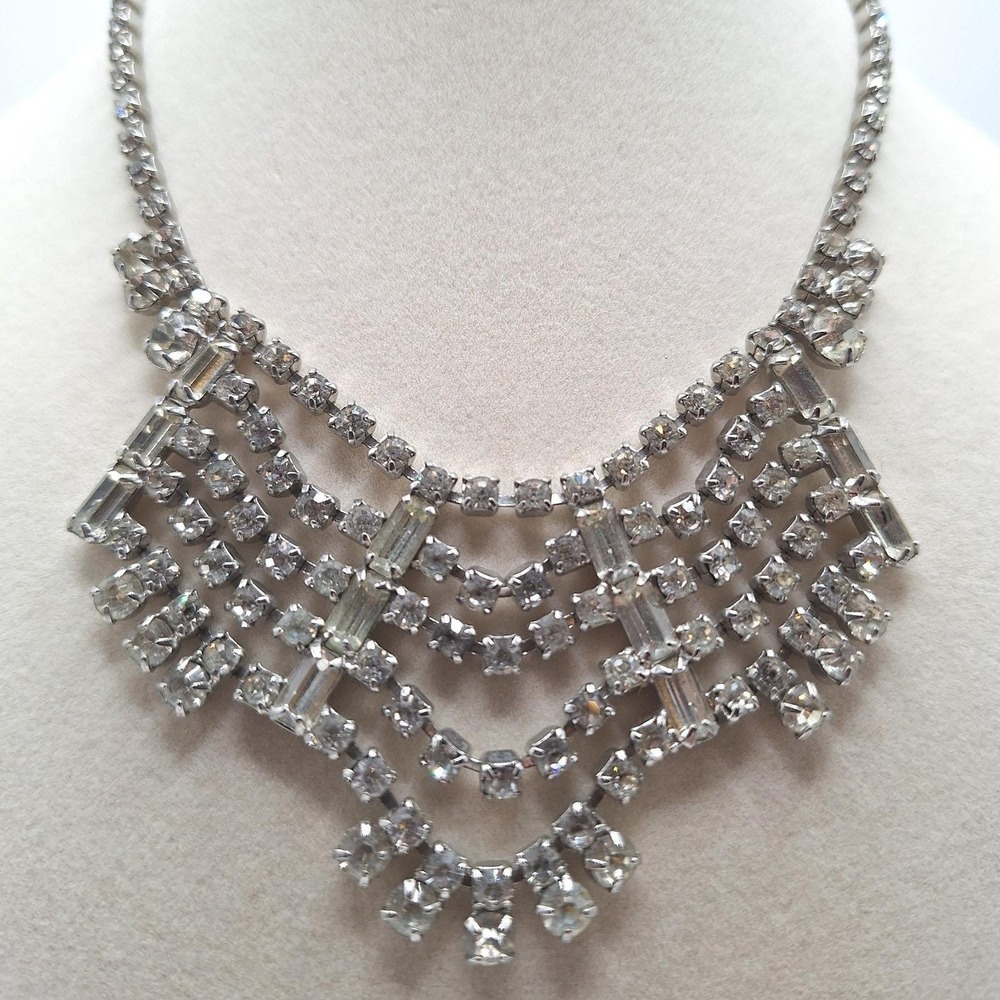 Vintage rhinestone bib necklace multi tiered silver tone statement Mid Century